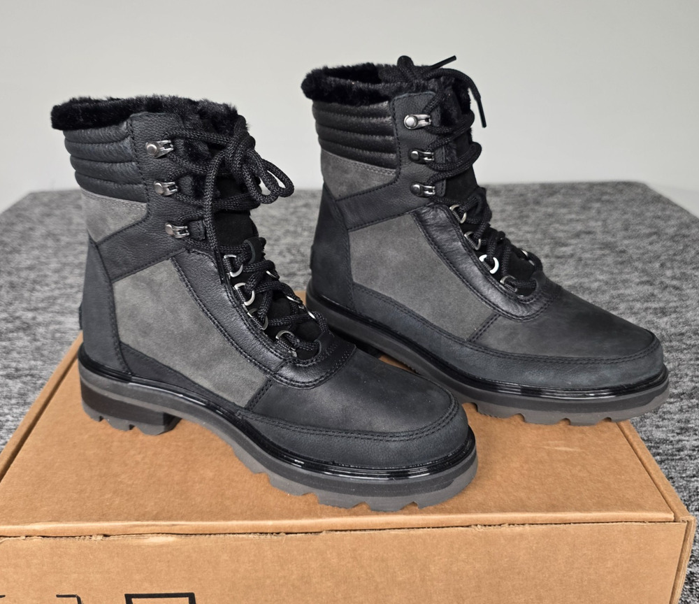 Sorel Lennox Lace Cozy Waterproof Boots Women's 9 Jet Black Leather & Suede New